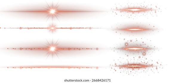 Magic red flare beam with energy particles and glowing core. Horizontal neon stripe for banners, futuristic backgrounds or animated effects.