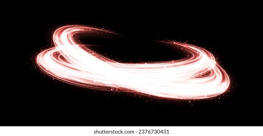 Magic red light trail with bright stars. Sparkle twirl circles with light effect. Glitter swirl rings twinkle.