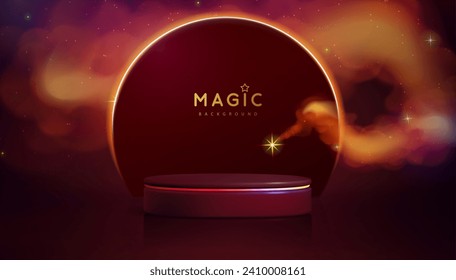 Magic red showcase background with 3d podium and golden fog or steam. Glowing shiny trail. Vector illustration