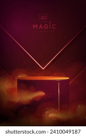 Magic red showcase background with 3d podium and golden fog or steam. Glowing shiny trail. Vector illustration