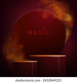 Magic red showcase background with 3d podium and golden fog or steam. Glowing shiny trail. Vector illustration