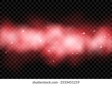 Magic red smoke, fog, gas, smog or clouds with glitter, flare, sparkles, stars, particles. Abstract neon airy texture with light effect. Isolated transparent element on dark background. Vector.