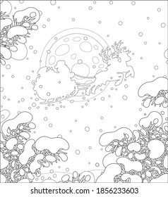 Magic reindeers flying Santa Claus with a big bag of gifts in his sleigh over a snow-covered fir forest on the moonlit, frosty and snowy night before Christmas, black and white vector cartoon