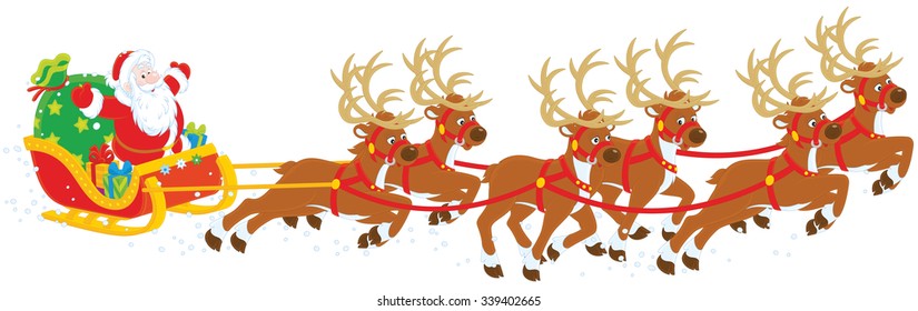 Magic reindeers flying Santa Claus with a sack of gifts in his sleigh on Christmas eve