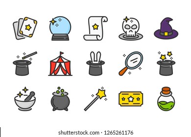 Magic related color line icons. Circus vector linear colorful icon set. Isolated icon collection on white background.