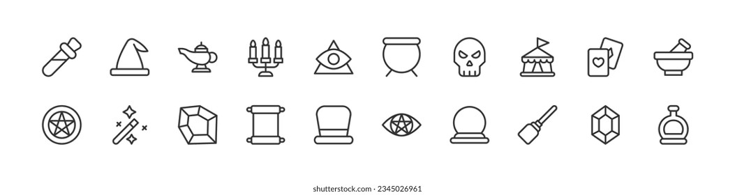 magic related premium icon set. Vector elements with editable stroke. Isolated on a white background