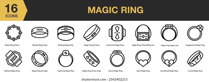 Magic Ring icon set. Includes binding, classic, cursed, defense, heart, lightning, and More. Outline icons vector collection.