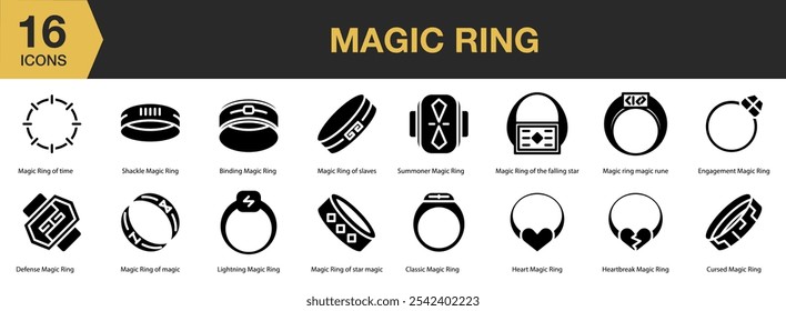 Magic Ring solid icon set. Includes binding, classic, cursed, defense, heart, lightning, and More. Solid icons vector collection.