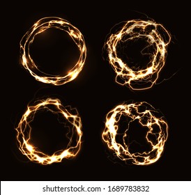 Magic rings, abstract electric circles, golden round frames, luminous circular lightning