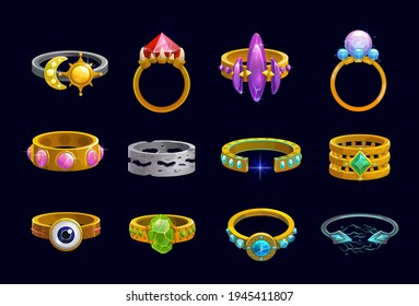 Magic rings cartoon vector of fantasy game jewelry, user interface or ui design. Gold and silver precious jewellery accessories with ruby and diamond gems, magical crystals, sun, moon and monster eye