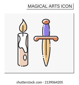  Magic rituals color icon. Candle and dagger. Sacrifice. Magical arts concept. Isolated vector illustration