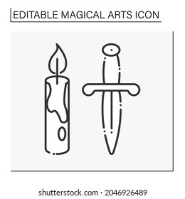  Magic rituals line icon. Candle and dagger. Sacrifice. Magical arts concept. Isolated vector illustration. Editable stroke