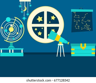 The Magic Room of Astronomy. Fantasy interior. Vector illustration