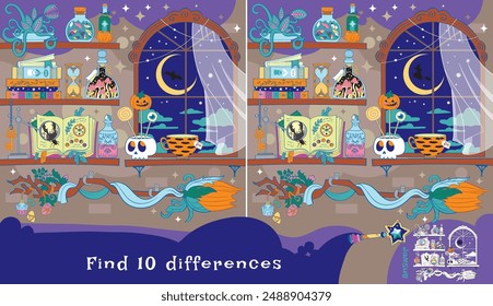 Magic room. Final preparations for Halloween. Find 10 differences. Educational game for children. Cartoon vector illustration