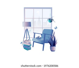 Magic room illustration. The armchair is surrounded by plants and butterflies. A small plate with blue figs stays on the armchair. All interior elements are located near the window.