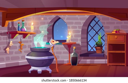 Magic room interior with witch stuff cauldron, staff with bird skull, burning candles, potion in beakers, bones and potted plant front of arch window with starry sky view, pc game cartoon illustration