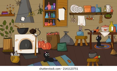 magic room vector illustration. image for puzzles, board games or children's books. magic room with stove, cat and old furniture. 
fabulous interior