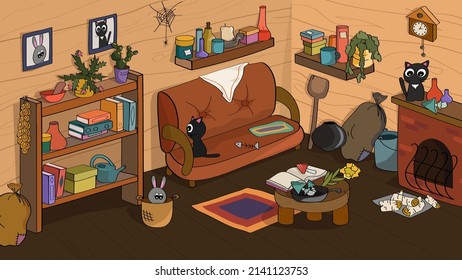 magic room vector illustration. image for puzzles, board games or children's books. magic room with stove, cat and old furniture. 
fabulous interior