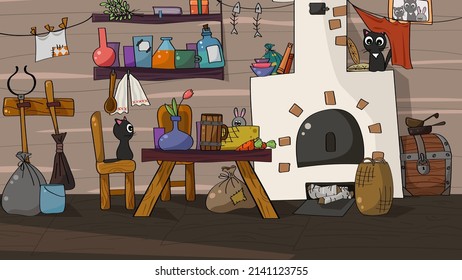 ilustración vectorial de sala mágica. imagen para rompecabezas, juegos de mesa o libros para niños. sala mágica con fogones, gatos y muebles antiguos. 
interior fabuloso