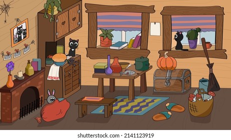 magic room vector illustration. image for puzzles, board games or children's books. magic room with stove, cat and old furniture. 
fabulous interior