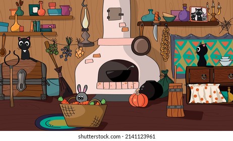 magic room vector illustration. image for puzzles, board games or children's books. magic room with stove, cat and old furniture. 
fabulous interior