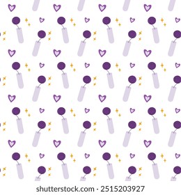 Magic rose bud in test tube, decorative hearts and star Seamless pattern in trendy monochrome violet