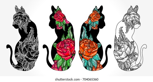 Magic rose flowers in a silhouette of cats tattoo art and t-shirt design. Romantic art poster 