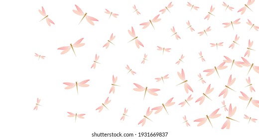 Magic rosy pink dragonfly cartoon vector wallpaper. Spring pretty damselflies. Wild dragonfly cartoon girly background. Sensitive wings insects graphic design. Fragile creatures