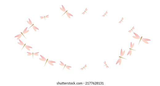 Magic rosy pink dragonfly cartoon vector wallpaper. Summer colorful damselflies. Wild dragonfly cartoon children background. Delicate wings insects graphic design. Tropical beings