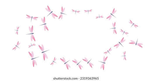 Magic rosy pink dragonfly cartoon vector illustration. Summer little insects. Fancy dragonfly cartoon dreamy background. Gentle wings damselflies graphic design. Fragile creatures
