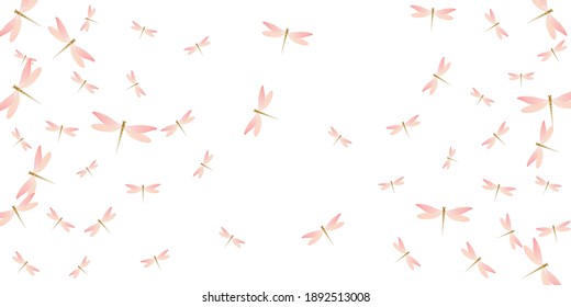 Magic rosy pink dragonfly flat vector wallpaper. Summer little damselflies. Detailed dragonfly flat dreamy illustration. Tender wings insects patten. Garden creatures