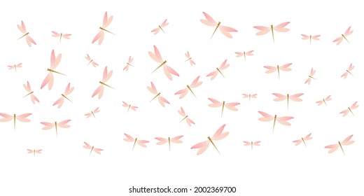 Magic rosy pink dragonfly flat vector wallpaper. Summer funny insects. Fancy dragonfly flat kids illustration. Gentle wings damselflies patten. Tropical beings
