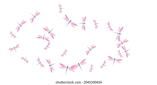 Magic rosy pink dragonfly flat vector background. Spring little damselflies. Detailed dragonfly flat baby illustration. Delicate wings insects graphic design. Garden creatures