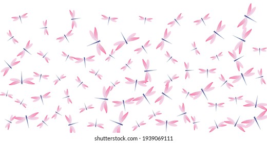 Magic rosy pink dragonfly isolated vector wallpaper. Spring funny insects. Decorative dragonfly isolated fantasy illustration. Delicate wings damselflies patten. Garden creatures