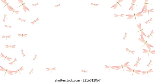 Magic Rosy Pink Dragonfly Isolated Vector Background. Spring Beautiful Damselflies. Fancy Dragonfly Isolated Dreamy Wallpaper. Tender Wings Insects Patten. Garden Creatures