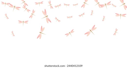 Magic rosy pink dragonfly isolated vector wallpaper. Spring little damselflies. Simple dragonfly isolated dreamy illustration. Sensitive wings insects patten. Nature creatures