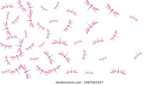 Magic rosy pink dragonfly isolated vector wallpaper. Summer funny insects. Fancy dragonfly isolated fantasy background. Sensitive wings damselflies patten. Garden beings