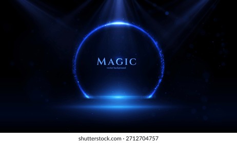 Marco redondo mágico del premio de la luz azul brillante del bokeh. Frontera ceremonial elegante para alto rendimiento y honor, perfecta para gráficos de reconocimiento corporativo, certificados y presentaciones de premios