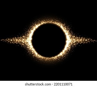Magic round frame with gold dust glitter light effect vector illustration. 3d realistic flashes of energy spray shooting up and down on galaxy black background, shiny fire particles and eclipse