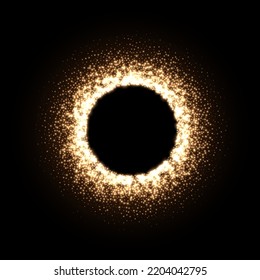 Magic round frame with gold dust glitter light effect vector illustration. 3d realistic flashes of energy spray shooting up and down on galaxy black background, shiny fire particles and eclipse