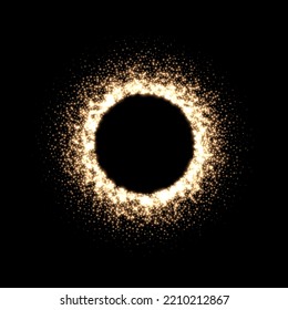Magic round frame with gold dust glitter light effect vector illustration. 3d realistic flashes of energy spray shooting up and down on galaxy black background, shiny fire particles and eclipse.