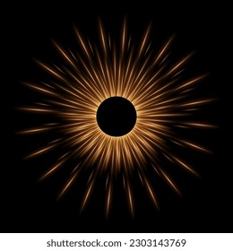 Magnífico marco redondo con luz de efecto de brillo de polvo dorado ilustración vectorial. 3d destellos realistas de fumigación de energía hacia arriba y abajo sobre fondo negro de galaxia, partículas brillantes de fuego y eclipse.