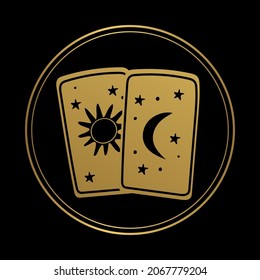 Magic round icon for stories, two golden tarot cards with moon and sun on a black background. Symbol of Edma, prediction of the future. Vector illustration, hand drawing.