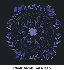Zauberhafte runde Ornamente auf dunklem Hintergrund. Vektorgrafik für Textilien, Poster, Polygrafie