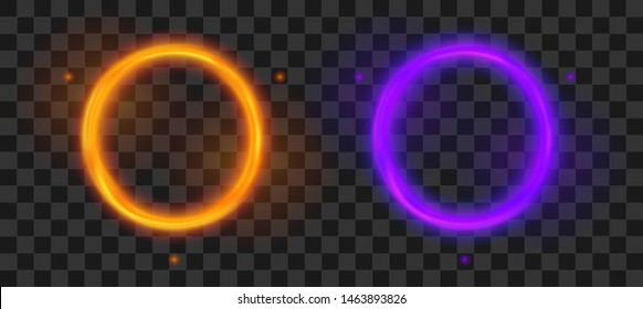 Magic round portal. Futuristic orange and violet teleport. Vector fantasy glowed circle frame set.