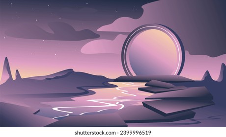 Magic round portal in a mountain landscape, neon glow. Vector illustration