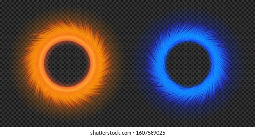 Magic round portal. Orange and blue light teleport. Vector fantasy glowed circle frame set
