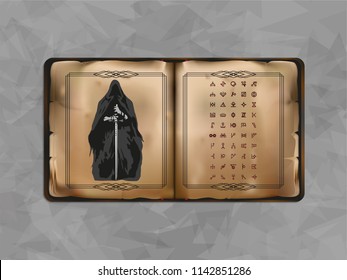 Magic runes on pages of the old book and with the image of a dark angel with a sword. Vector illustration.