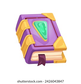 Libro sagrado mágico con gema de cristal. Fantasía literatura mística secreta con gema. Viejo misterio, brujería, biblioteca de magos, educación. Ilustración plana del vector de la historieta aislada sobre fondo blanco