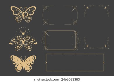 Magic sacred decoration cover, esoteric thin line frames, tattoo gold line border celelstial mystery esoteric decoration with moth or butterfly, sun, stars and moon on dark background.